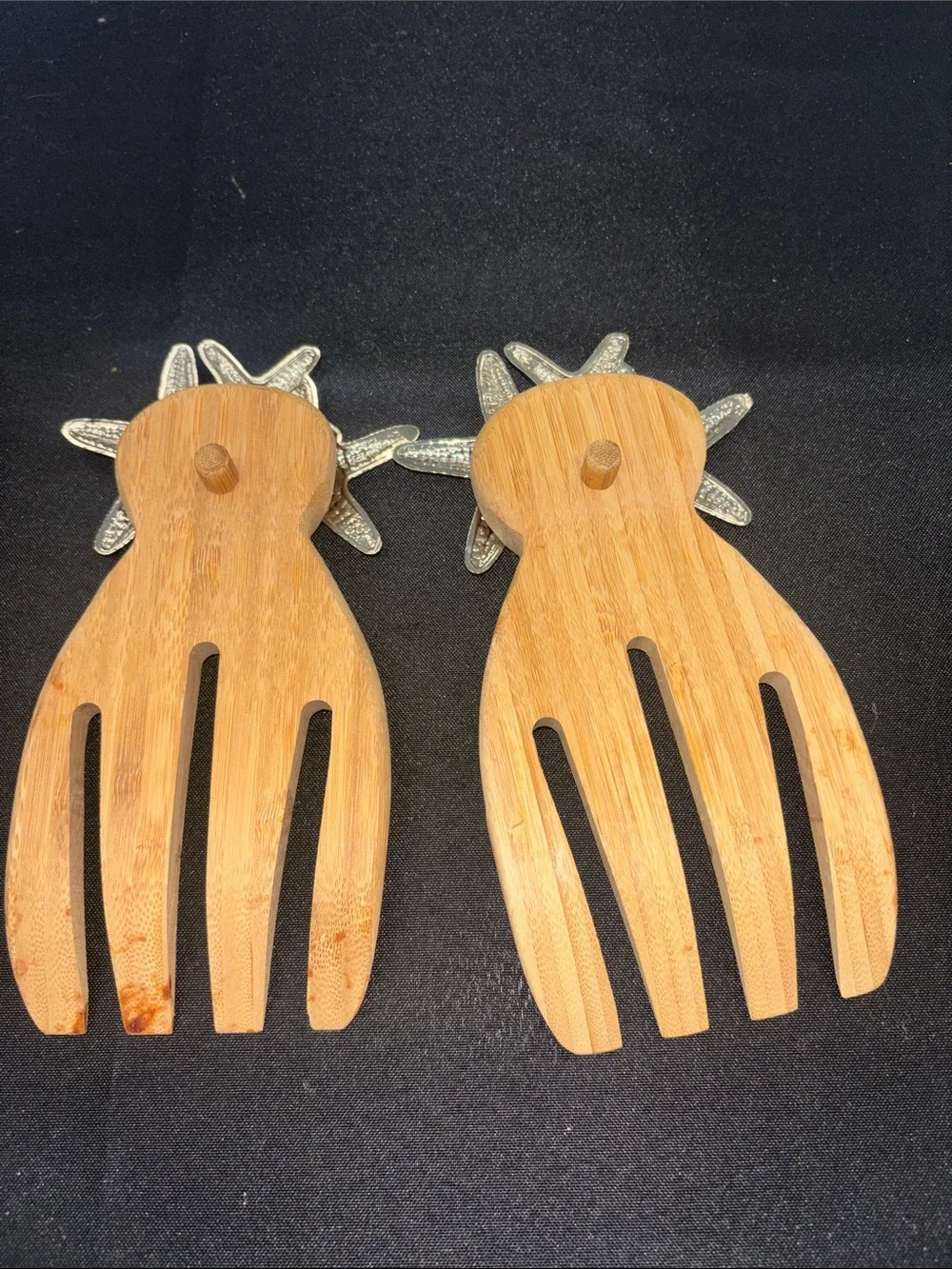 Mudpie Wooden Salad Servers with Silver Starfish Accents - Beach Style